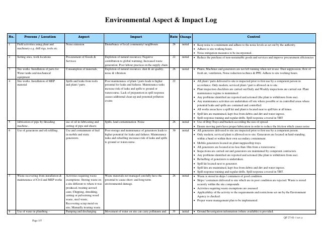 Environmental Aspects & Impacts Log — preview of page 1