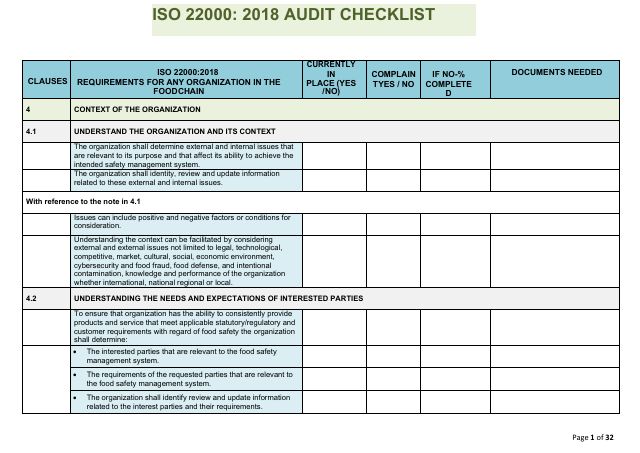ISO 22000:2018 Audit Checklist — preview of page 1