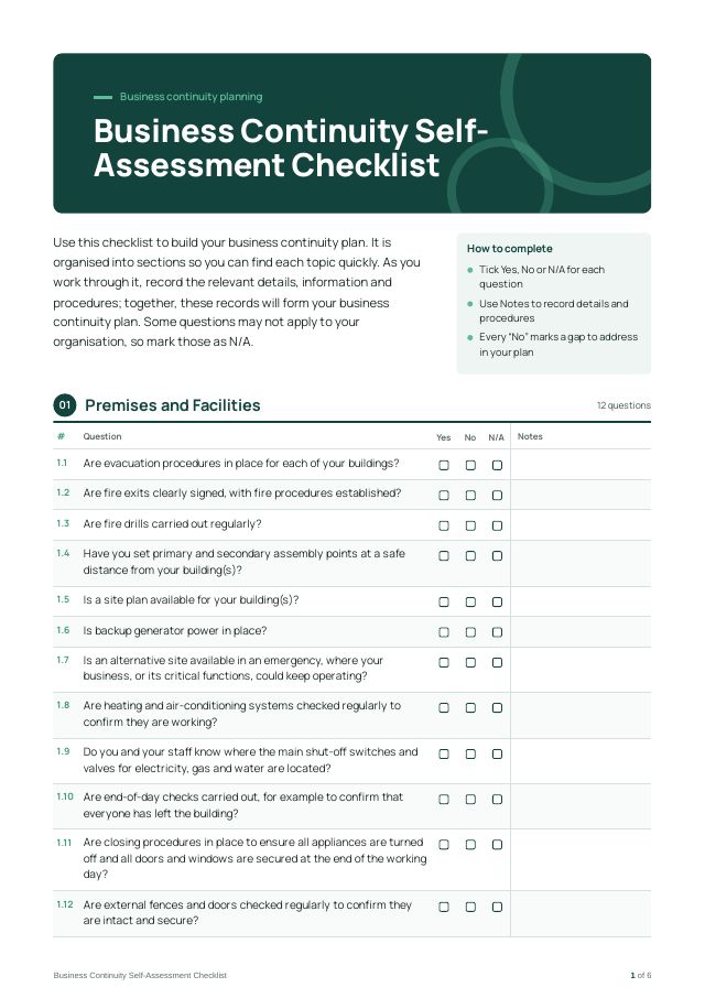 ISO 22301 Business Continuity Self-Assessment Checklist — preview of page 1