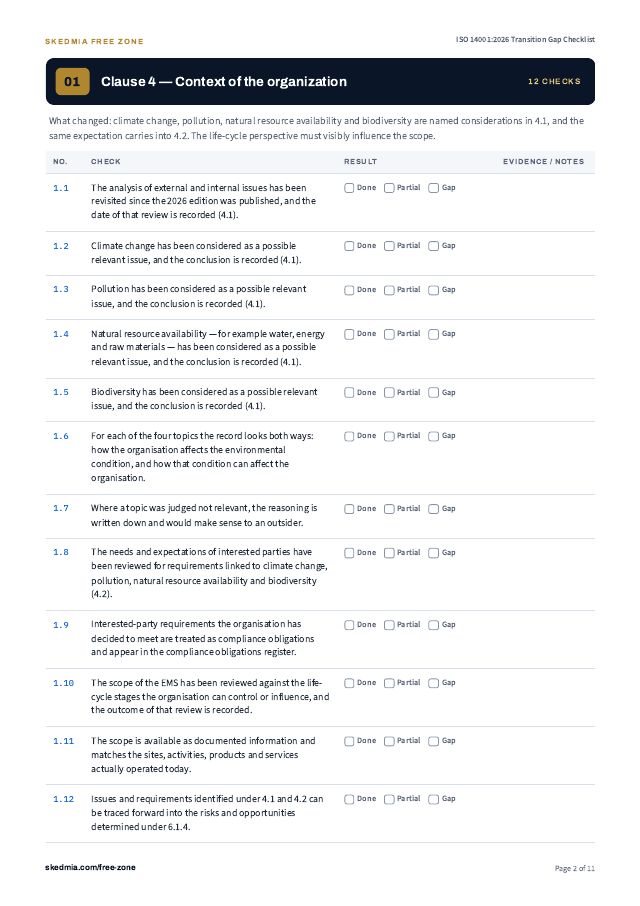 ISO 14001:2026 Transition Checklist — preview of page 2