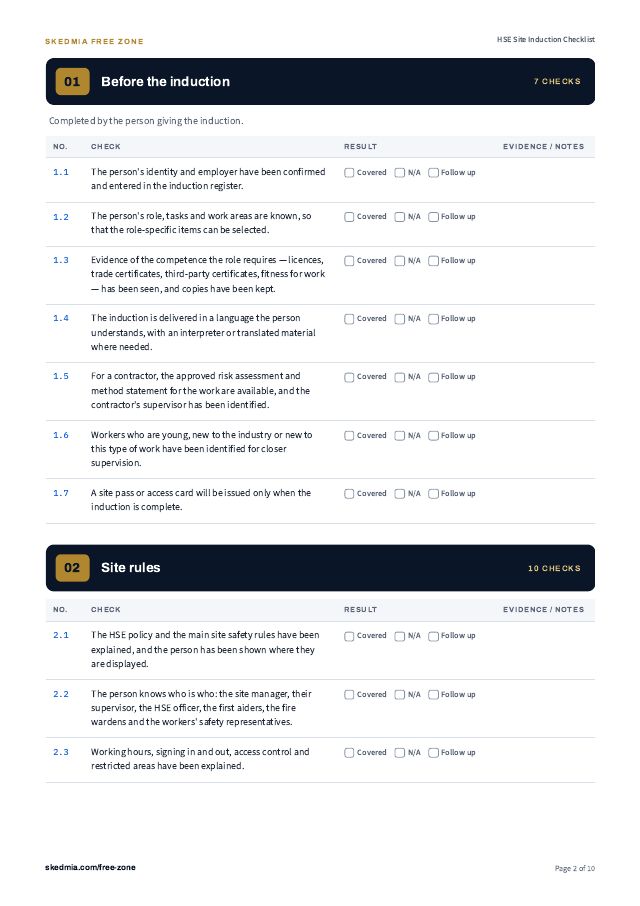 HSE Site Induction Checklist — preview of page 2