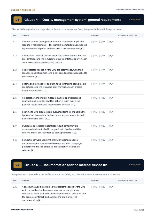 ISO 13485 Internal Audit Checklist — preview of page 2