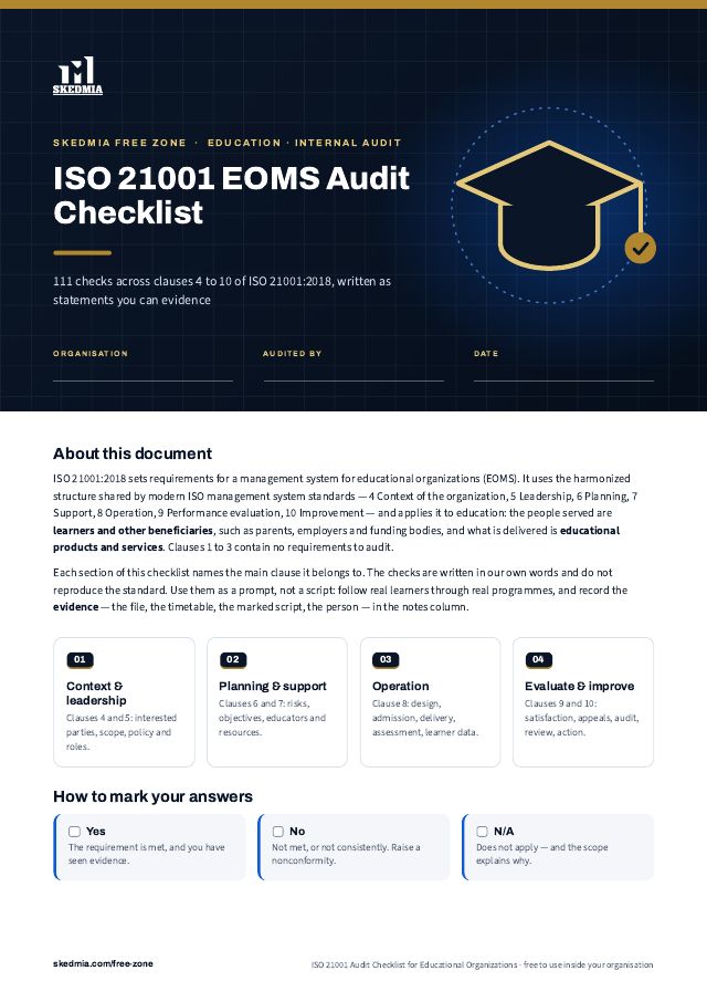 ISO 21001 Audit Checklist for Educational Organizations — preview of page 1