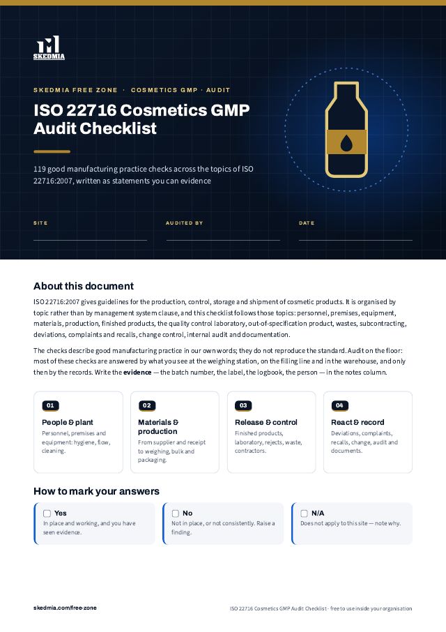 ISO 22716 Cosmetics GMP Audit Checklist — preview of page 1
