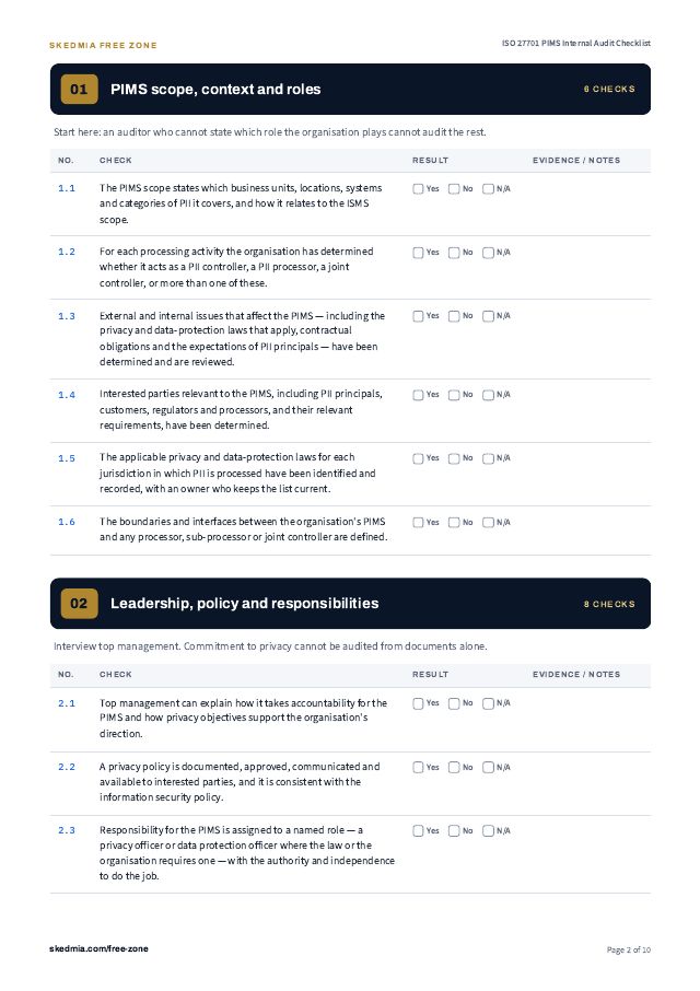 ISO 27701 PIMS Audit Checklist and Records — preview of page 2