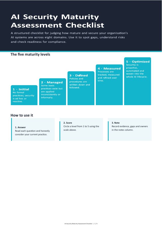 AI Security Maturity Assessment Checklist: 8-Domain Readiness Kit — preview of page 1